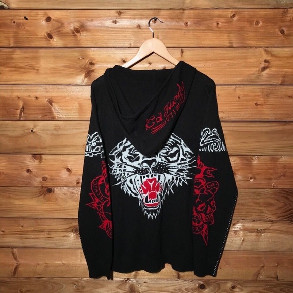 ED HARDY NWT Hooded Wool Blend Knit Sweater Cardigan Vintage Zip Up Lion. L - Picture 5 of 15